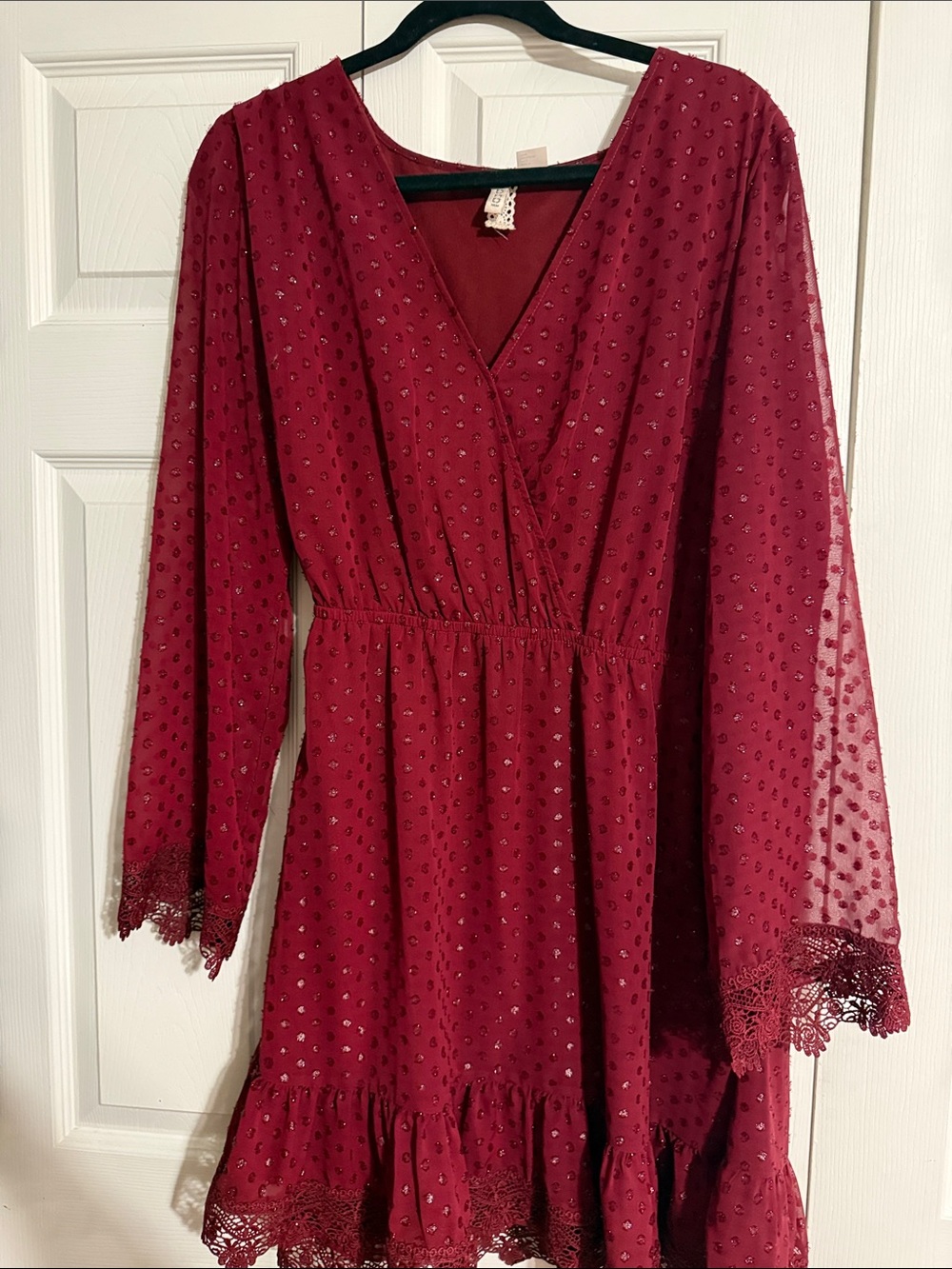 H&M Burgundy Eyelet Long Sleeve V-Neck Dress